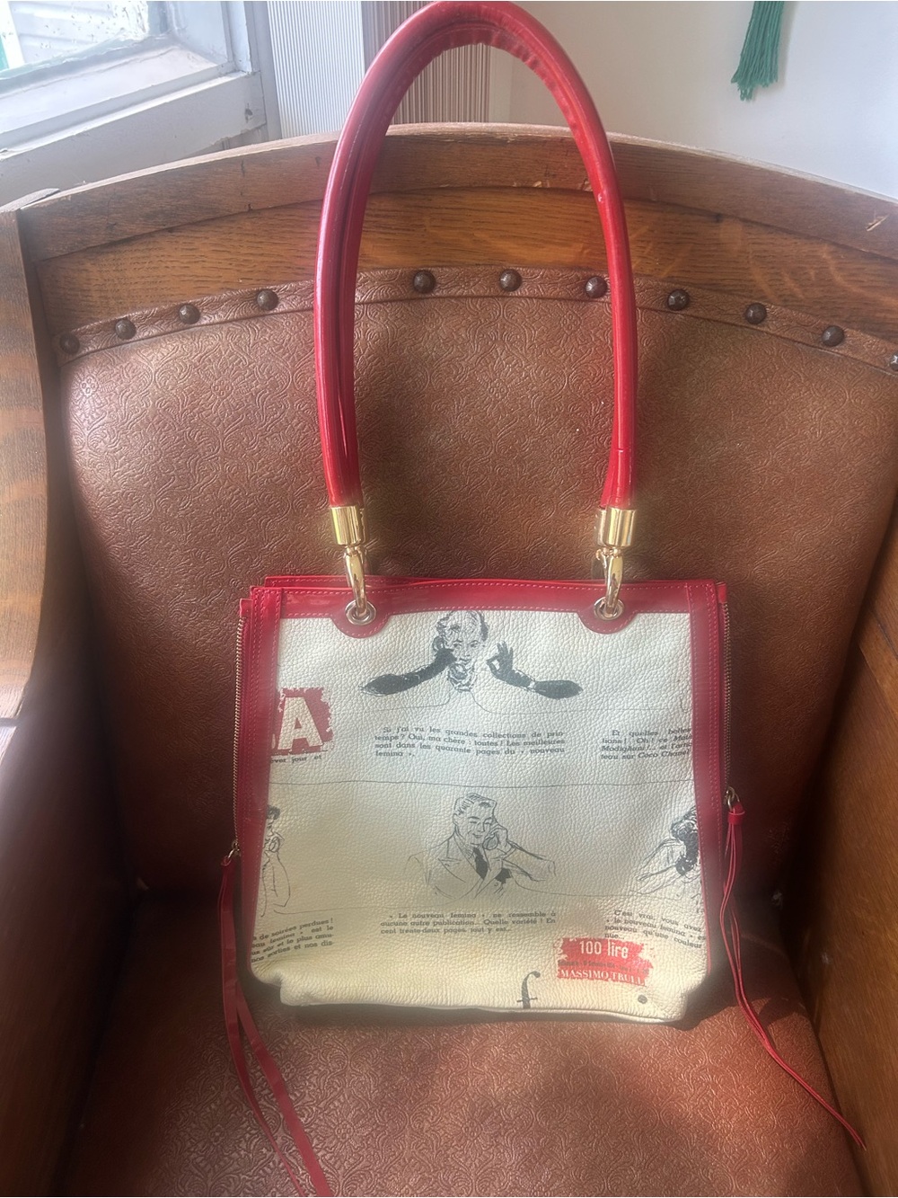 Red and White Graphic Tote Bag with Gold Hardware